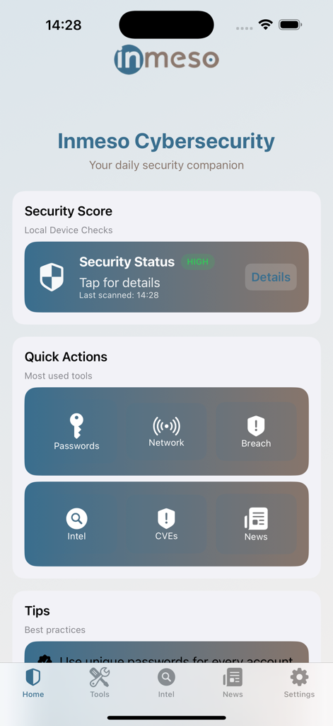 Cybersecurity - Écran d'accueil de l'application Inmeso Cybersecurity affichant un statut de sécurité élevé et des boutons d'accès rapide aux outils de mot de passe et réseau.