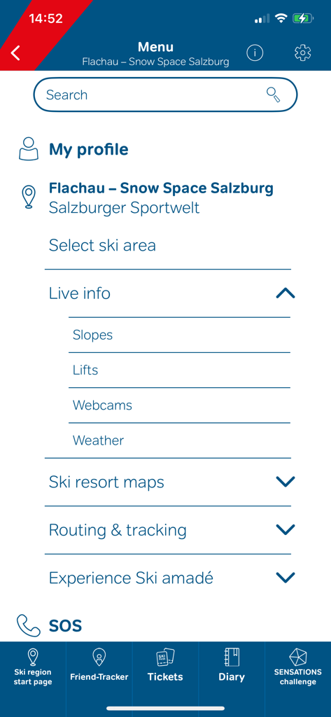 Menu principal da app móvel Ski amade com informações do resort e ferramentas de segurança