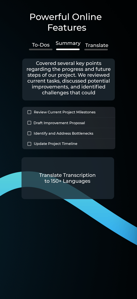 Smart Voice Recorder - Offline - Smart Voice Recorder interface showing AI summary to-do list and translation features
