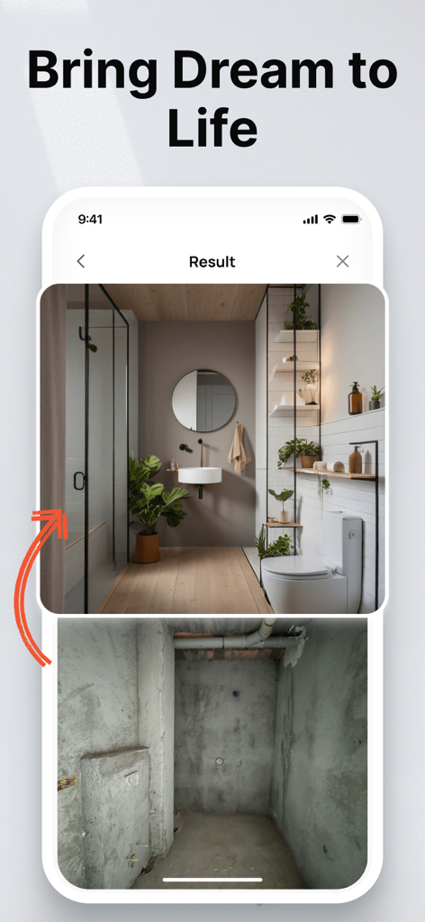 AI app screen showing a transformation of a raw concrete room into a modern decorated bathroom