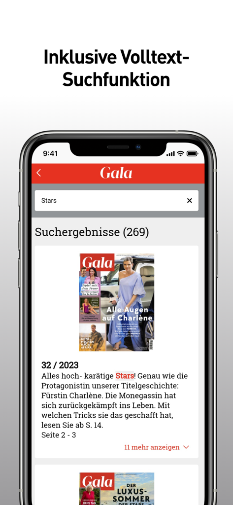 GALA Magazin - GALA Magazin App-Oberfläche, die die Volltextsuche mit Suchergebnissen zu Prominenten zeigt.