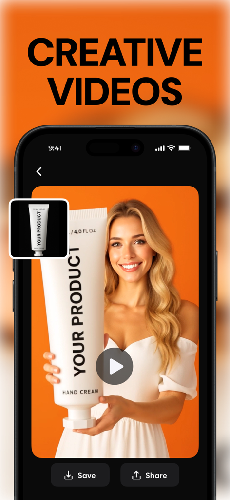 Plum AI app interface displaying a creative video generator for a product showcase featuring a woman holding a hand cream tube.