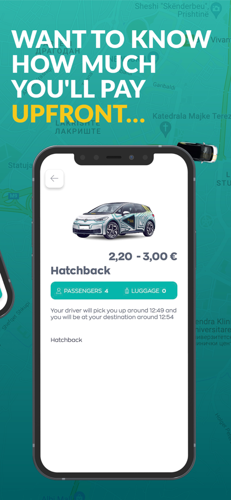 ETAXI. - Mobile app screen showing upfront pricing and vehicle details for an electric hatchback taxi