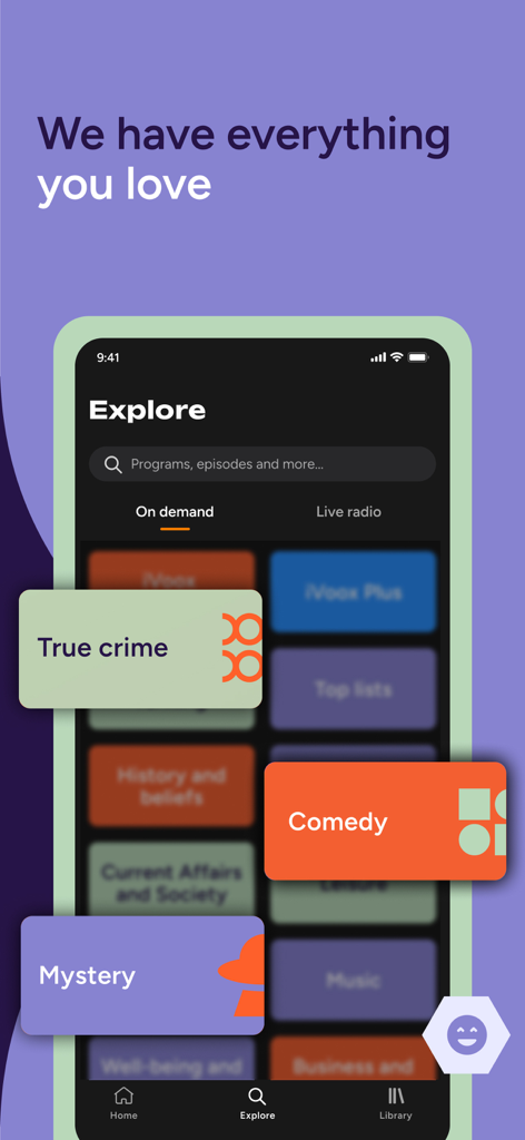 Pantalla de exploración de la aplicación iVoox con categorías de podcast que incluyen true crime, comedia y misterio.