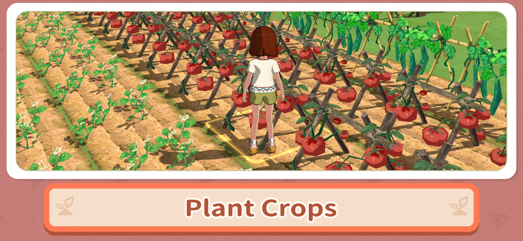 MORIKOMORI LIFE - Un personaje estilo anime de pie en un exuberante jardín con hileras de tomates y cultivos verdes.