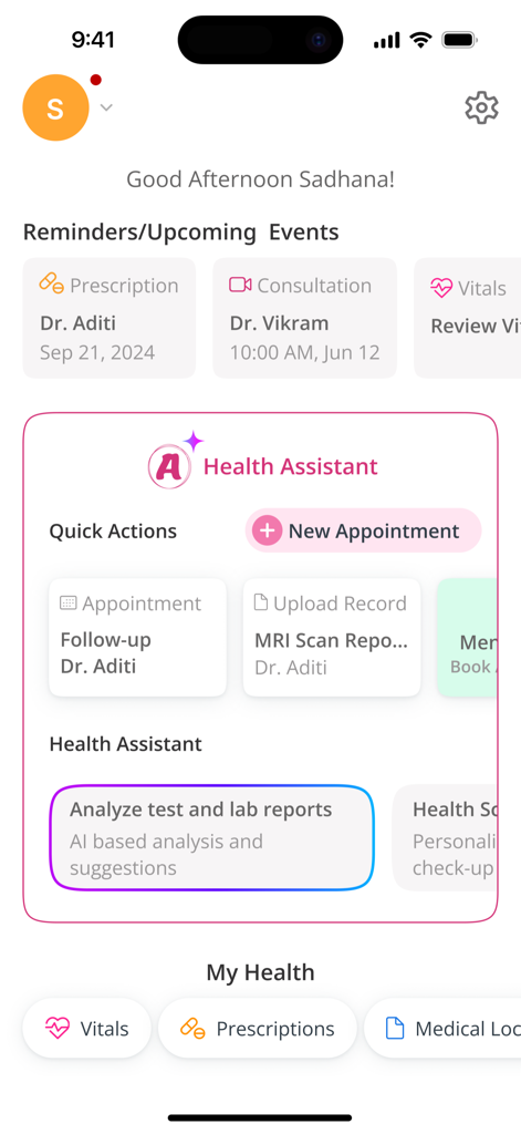 AYOO Care app dashboard showing upcoming doctor consultations, prescriptions, and an AI-based lab report analysis feature.