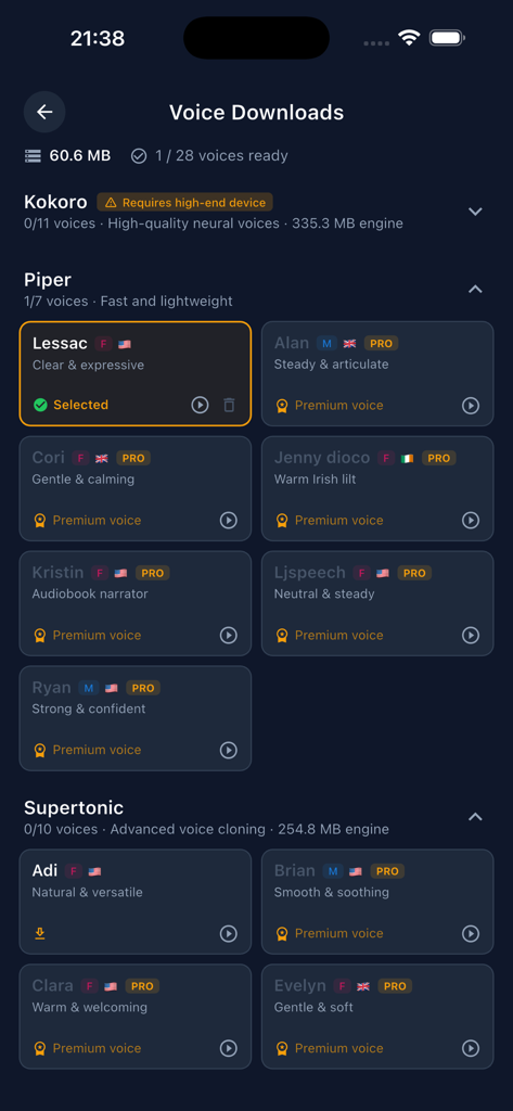 Eist - Audiobook Reader - Eistアプリの音声ダウンロードメニュー。PiperやSupertonicのような様々なAI音声モデルが搭載されている。