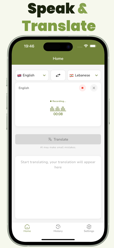 Interfaz de la aplicación Traductor de Árabe Levantino mostrando traducción de voz de inglés a libanés.
