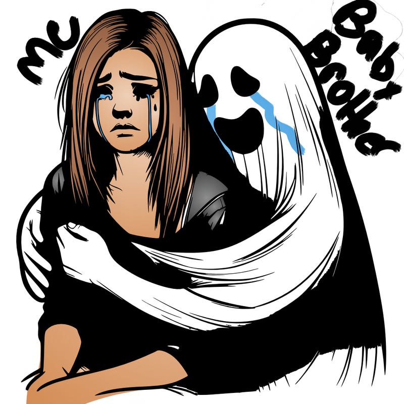 realistic girl crying but a ghost is huging her