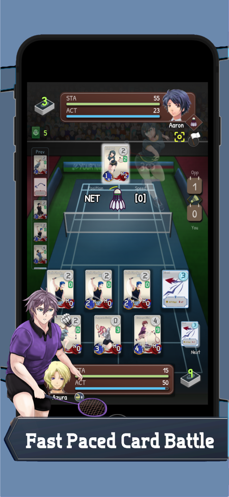 BattleCross Badminton Card RPG - In-game screenshot of BattleCross Badminton Card RPG featuring a fast-paced card battle interface with anime-style characters on a virtual court.