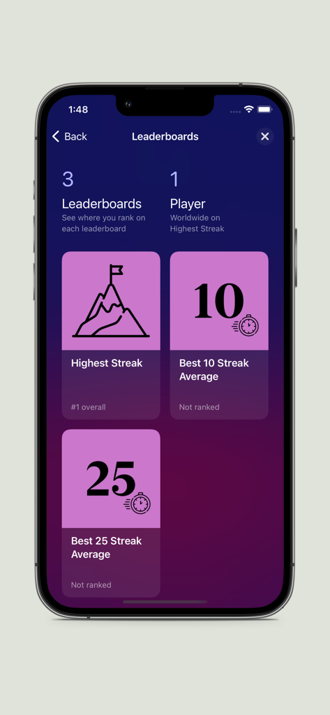 Georgian Alphabet - Game - Écran du classement de l'application Georgian Alphabet Game montrant les séries et les classements moyens