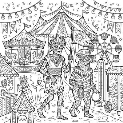 Step right up and witness a carnival like no other! This captivating coloring page features detailed Bog Mummies mingling among festive tents, thrilling rides, and joyful revelry, promising a unique artistic journey.