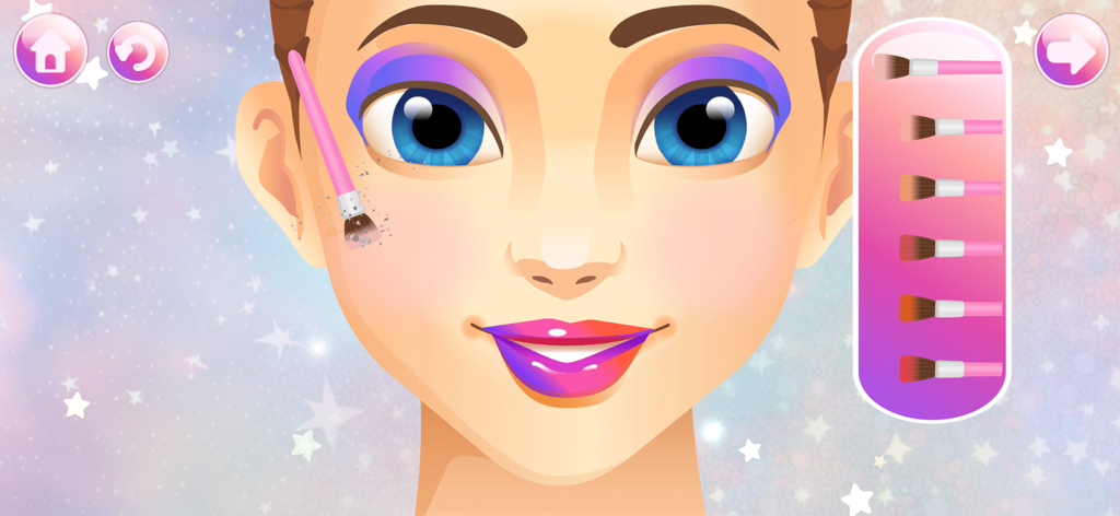 Makeup Games: Beauty Princess - A young princess receiving a makeup makeover with colorful eyeshadow and lipstick in a digital beauty salon game