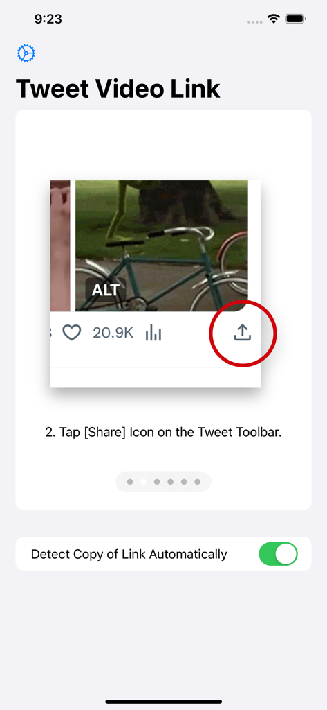 Pantalla tutorial para la app Enlaces de Video para Twitter explicando cómo tocar el ícono de compartir en un tweet