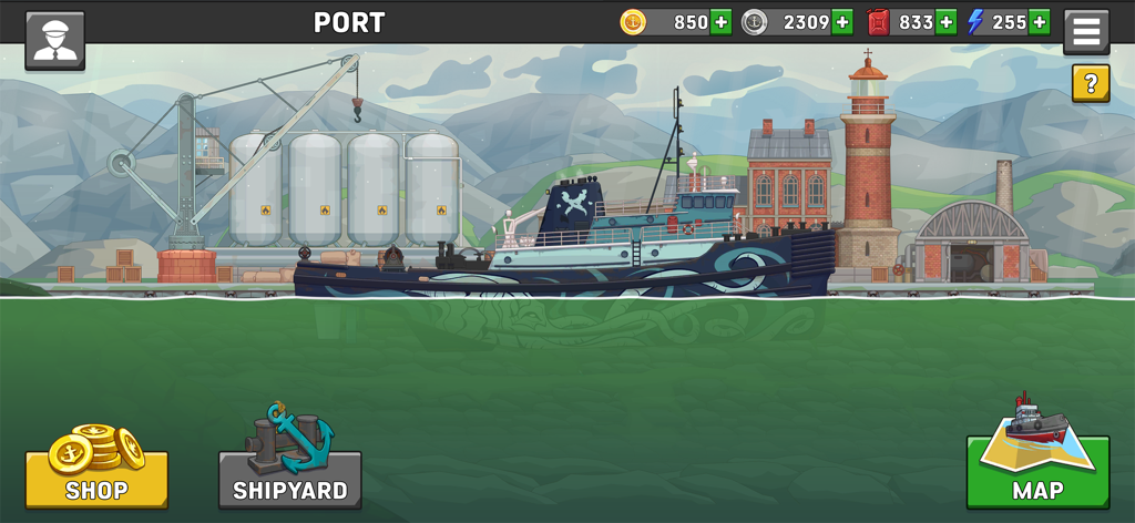 Ship Simulator: Boat Game - Un barco azul atracado en un puerto industrial con un faro y montañas al fondo