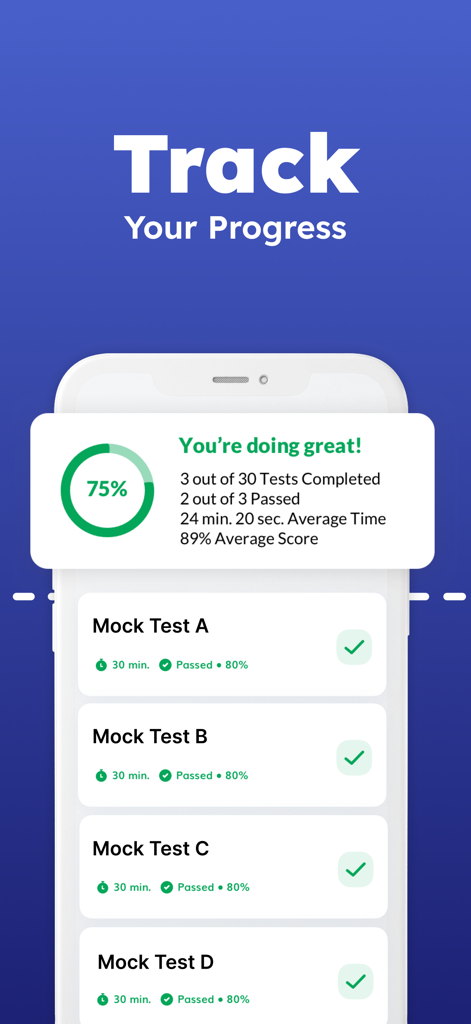 A progress tracking dashboard from the Life in the UK Test 2026 app showing mock test scores and completion statistics.