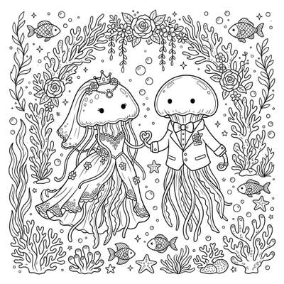 Discover an enchanting underwater wedding scene featuring adorable jellyfish as the happy couple. This charming coloring page is perfect for kids who love ocean life and magical celebrations.