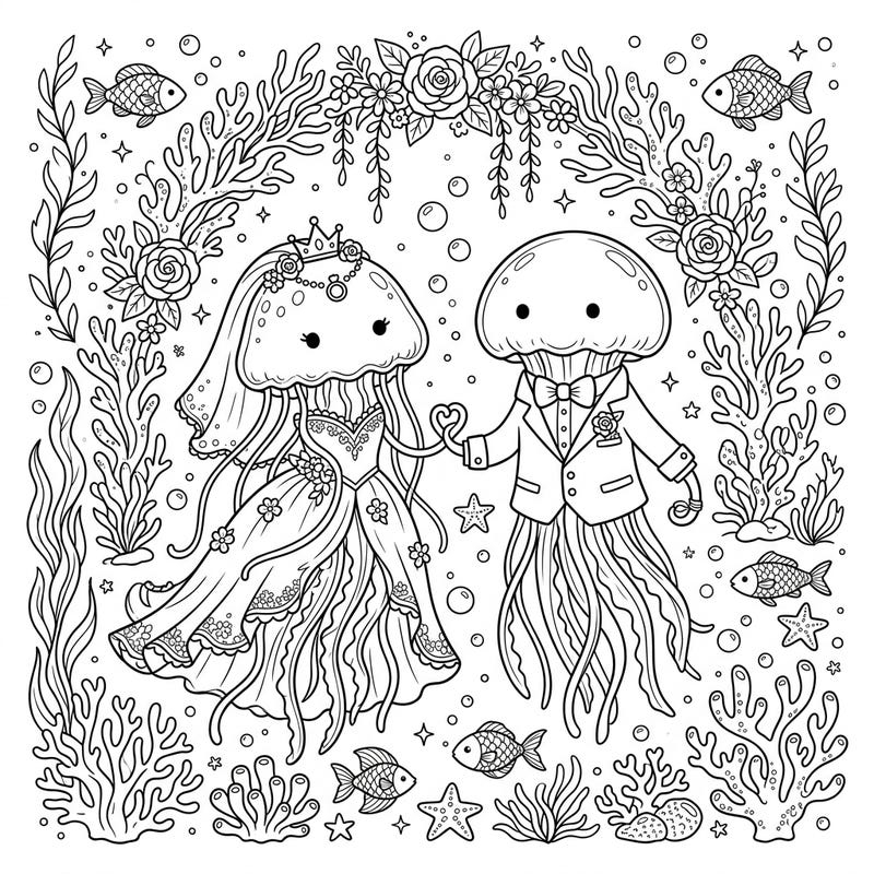 Discover an enchanting underwater wedding scene featuring adorable jellyfish as the happy couple. This charming coloring page is perfect for kids who love ocean life and magical celebrations.