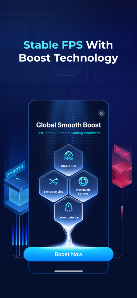GearUP app screen highlighting stable FPS and lower latency features for gaming