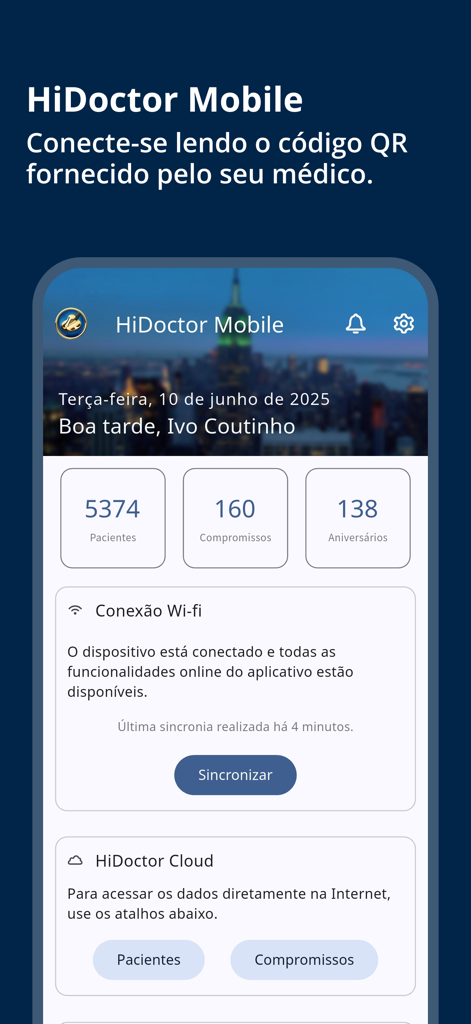 HiDoctor Mobile app dashboard showing patient count appointments and cloud sync status