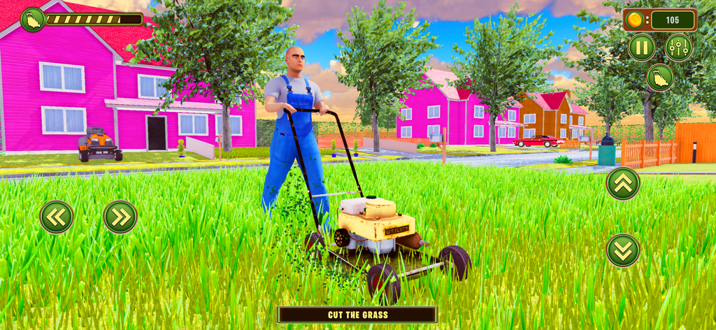 Lawn Mower - Mowing Simulator - Un hombre con mono azul corta hierba alta en un vecindario suburbano con casas rosas