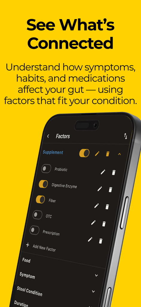 Teléfono inteligente mostrando la pantalla de factores de la app Plop para rastrear suplementos y síntomas digestivos