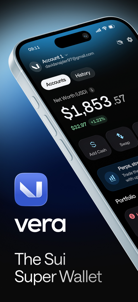 Vera - The Sui Super Wallet - Vera Sui Super Wallet mobile app interface displaying portfolio net worth and trading features
