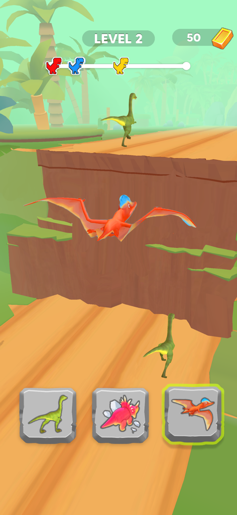 Dino Race: Dinosaur Games - Personaje de pterodáctilo volando navegando por un obstáculo en el juego móvil Dino Race.