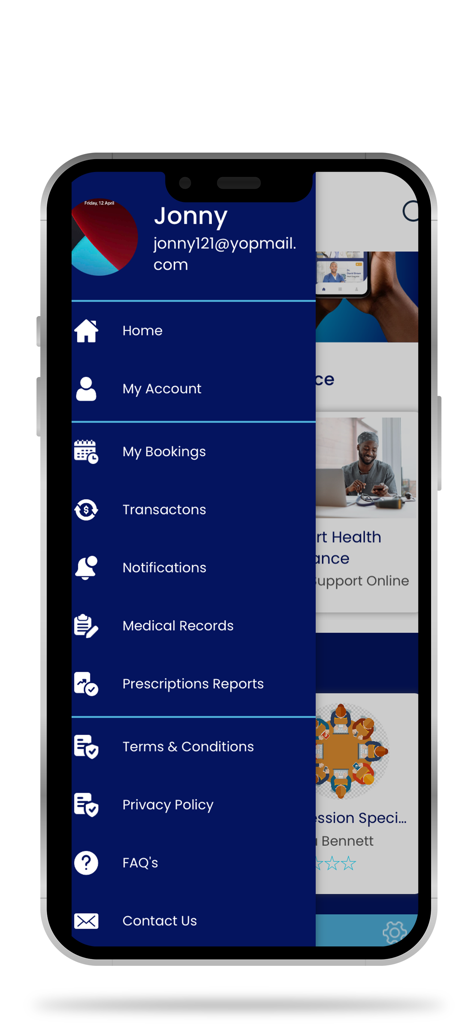 TeleDoc App - TeleDoc App navigation menu showing account settings and medical records
