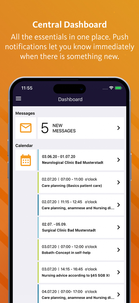 easySoft App Education - Central dashboard of the easySoft App Education showing new messages and a scheduled training calendar for healthcare professionals.