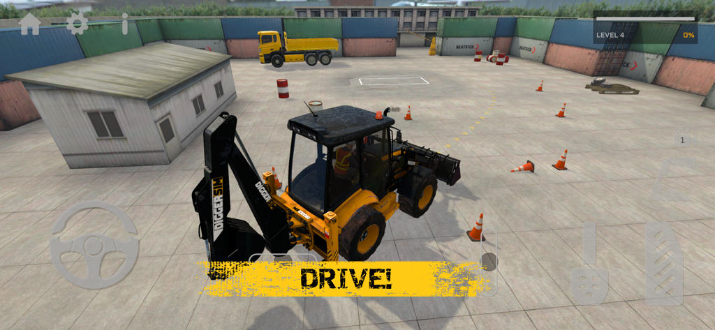 DiggerSim Excavator Simulator - Retroexcavadora amarilla conduciendo por un patio de construcción en DiggerSim Excavator Simulator