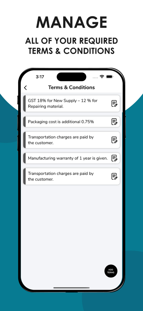 Quotation Maker - Interface de aplicativo móvel para gerenciar termos e condições comerciais