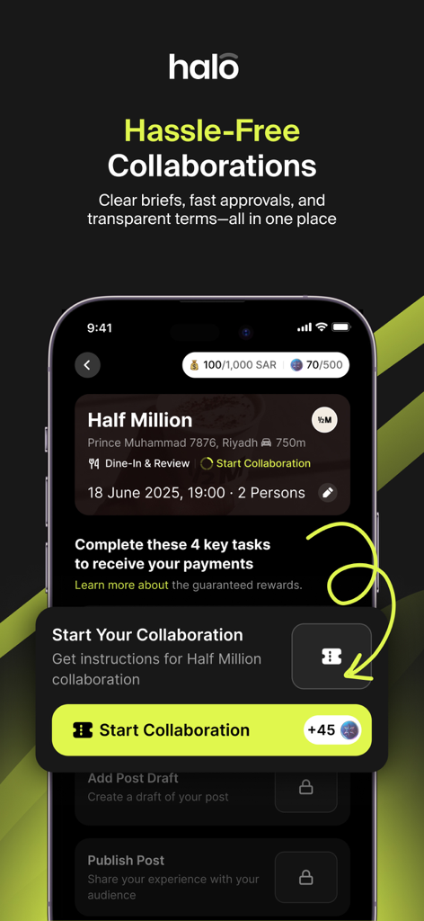 Halo.AI - Halo.AI app interface showing collaboration details for a lifestyle creator with a restaurant brand partnership.