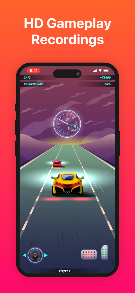 Screen Recorder with Audio - Schermata dello smartphone che mostra un gioco di corse registrato in alta definizione.
