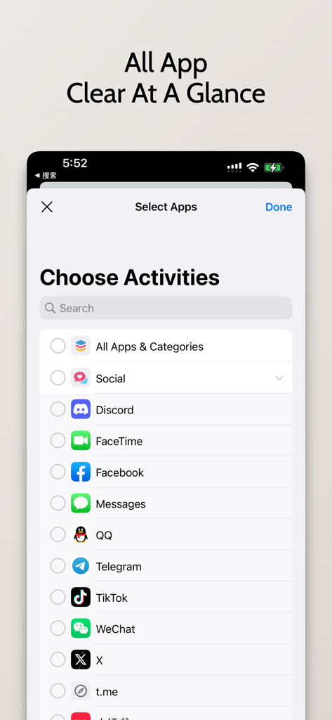 XLocker interface for choosing social media and communication apps to limit screen time