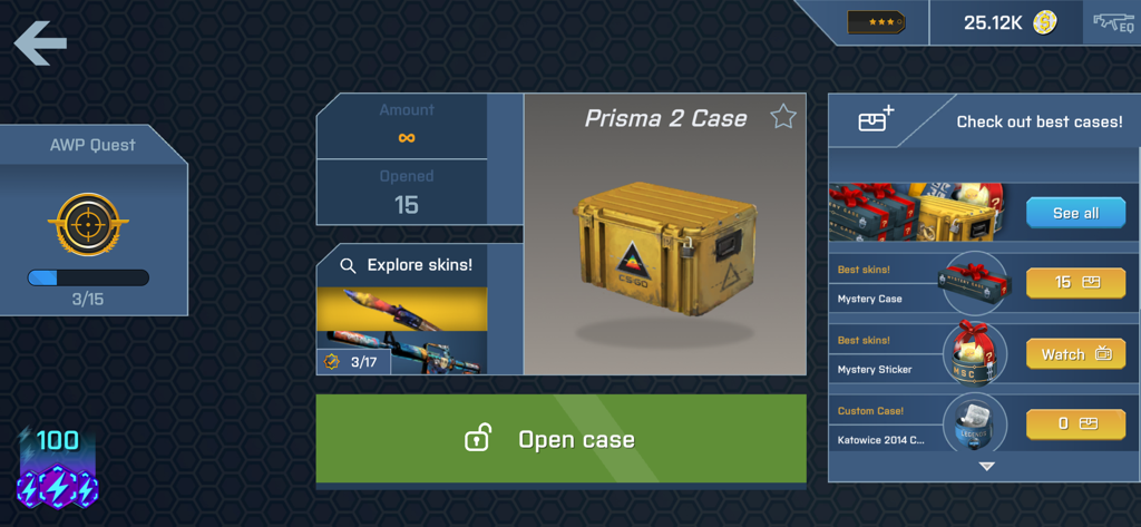 Interfaz principal de Case Opener mostrando una Caja Prisma 2 con un botón para abrirla