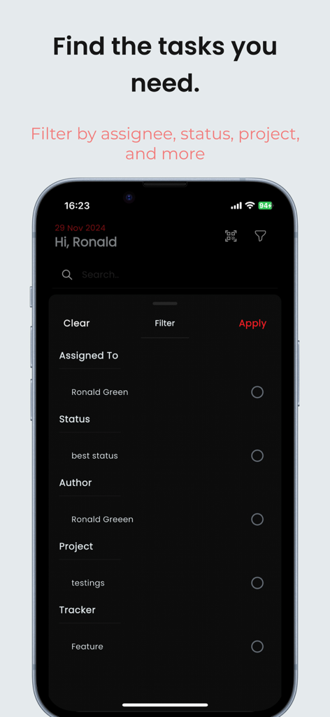 RedLog app interface showing options to filter tasks by assignee status and project on an iPhone screen.