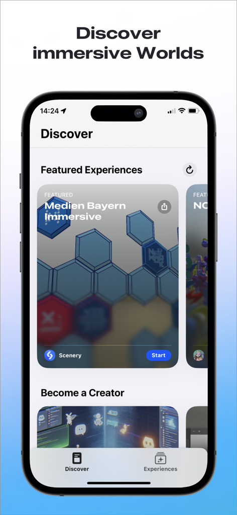 Scenery – Spatial Experiences - La pantalla Discover de la aplicación Scenery mostrando experiencias AR inmersivas destacadas en un iPhone.