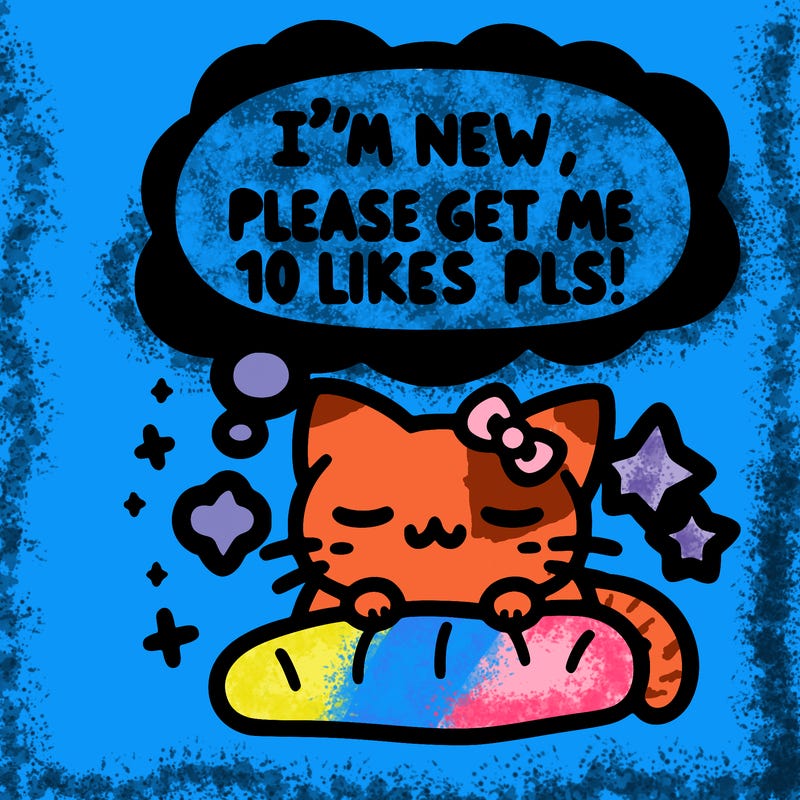 kitty taking a nap dream talking and saying "i'm new, please get me at least 10 likes pls!!"