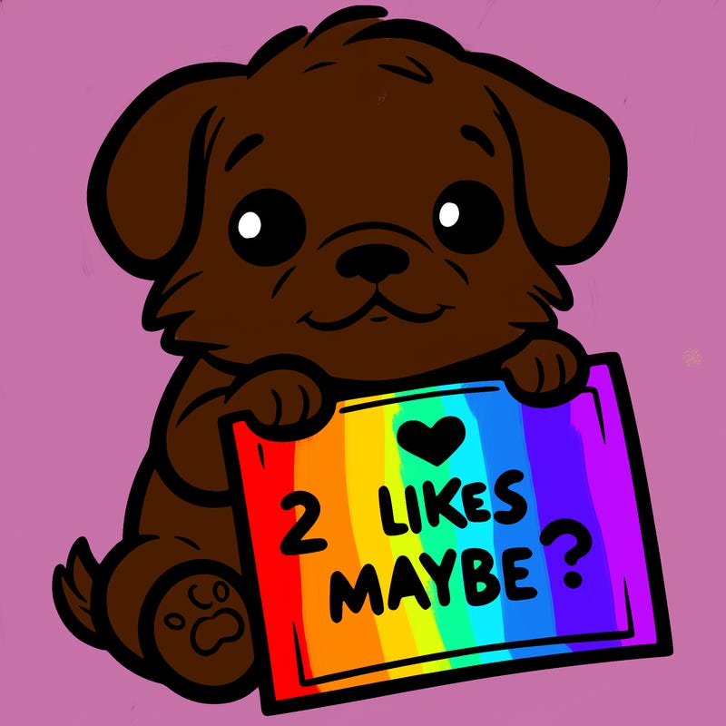 a puppy holding a sign that says 2 likes maybe?