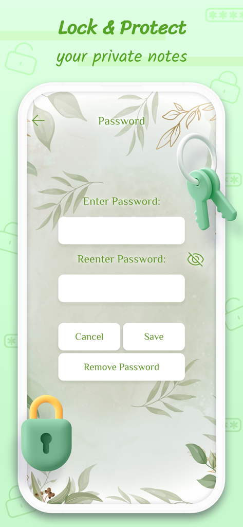 Color Notes With Lock & To Do - Una pantalla de configuración de contraseña segura en la aplicación Color Notes con un fondo floral estético y un icono de candado verde