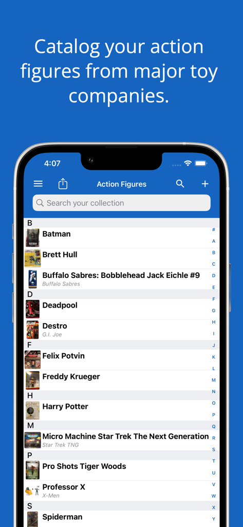 iCollect Action Figures: Toys - A list of action figures organized alphabetically in the iCollect app including Batman and Deadpool.