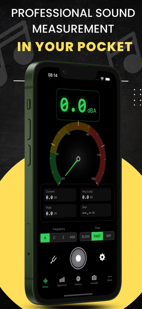 Decibel X PRO app interface showing professional sound measurement tools on a smartphone