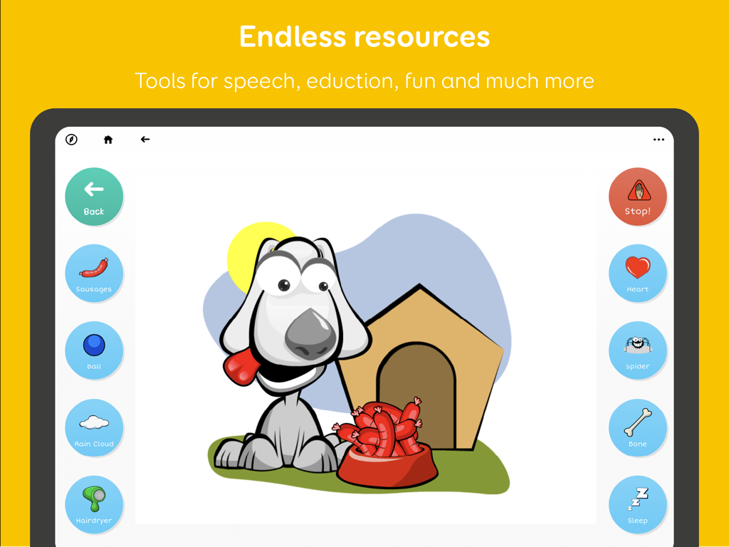 Screenshot of Grid for iPad AAC app featuring an interactive learning activity with a cartoon dog and communication symbols for speech therapy.