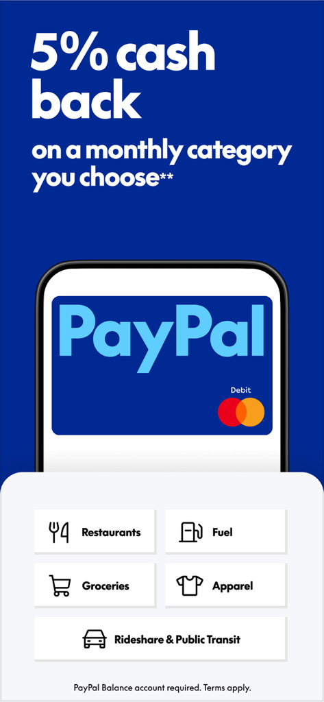 PayPal app showing 5 percent cash back rewards on monthly categories like groceries and restaurants with a PayPal Debit Card