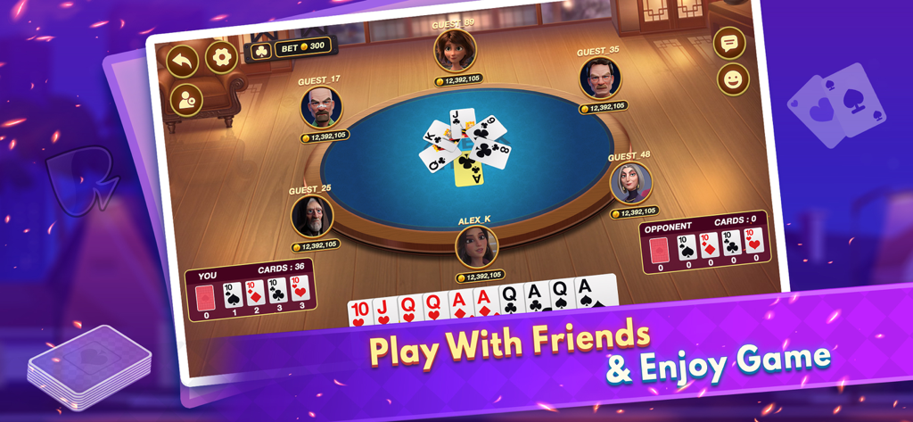 Mindi Multiplayer - Gameplay screen of Mindi Multiplayer online card game with six players around a virtual table.