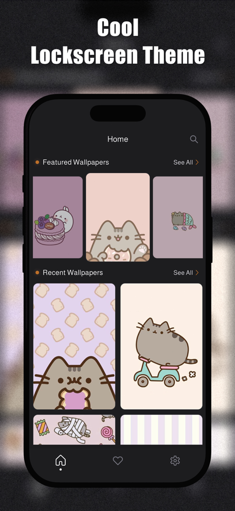 Pusheen Cat Wallpapers 4K - A mobile app interface displaying featured and recent Pusheen cat wallpapers in dark mode