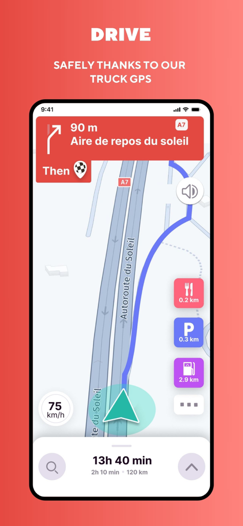 Truckfly app interface showing a truck-specific GPS map with icons for nearby parking and rest areas