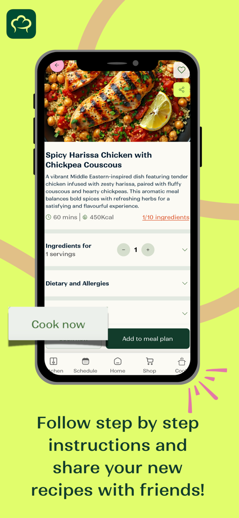 Interfaz de la aplicación Remy mostrando una receta de Pollo con Harissa Picante con opciones de planificación de comidas y cocina.