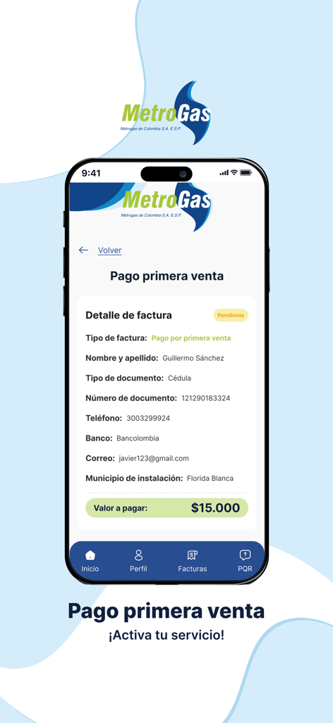 MetroApp - Interface de l'application mobile MetroApp montrant les informations détaillées de la facture pour un paiement de service de gaz en Colombie